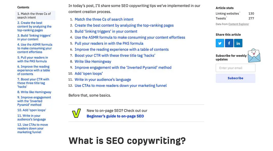 table of contents seo hot links